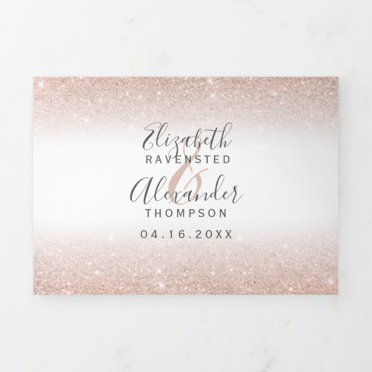 Roos goud glitter ombre witte scriptfoto bruiloft drieluik uitnodiging (Cover)