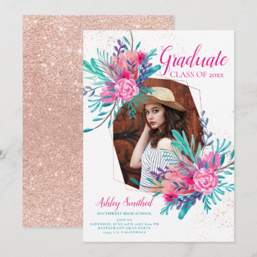 Roos Goud Glitter Roze Bloemen Foto afstuderen Kaart (Voorkant / Achterkant)