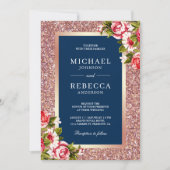 Roos Goud Glitter Roze Bloemen Navy Blauw Bruiloft Kaart (Voorkant)