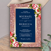Roos Goud Glitter Roze Bloemen Navy Blauw Bruiloft Kaart