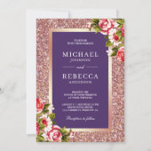 Roos Goud Glitter Roze Bloemen Violet Bruiloft Kaart (Voorkant)