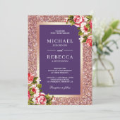 Roos Goud Glitter Roze Bloemen Violet Bruiloft Kaart (Staand voorkant)
