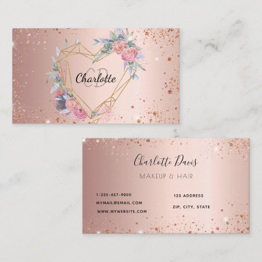 Roos goud glitter roze bloemkool schoonheid visitekaartje (Voorkant / Achterkant)