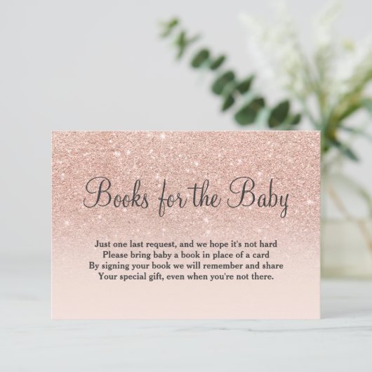 Roos Goud Glitter Roze Breng een Boek baby shower Informatiekaartje (Staand voorkant)