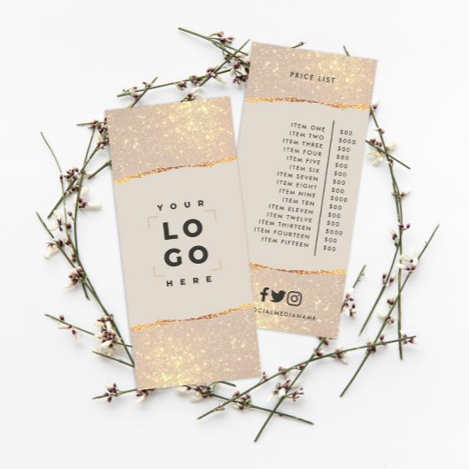 Roos goud glitter roze girale prijslijst reclamekaart