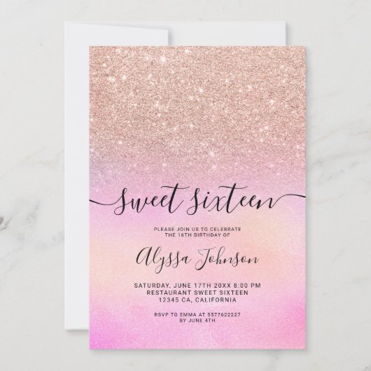 Roos goud glitter roze holografische foto zoet 16 kaart (Voorkant)