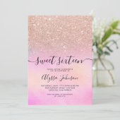 Roos goud glitter roze holografische foto zoet 16 kaart (Staand voorkant)