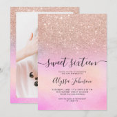 Roos goud glitter roze holografische foto zoet 16 kaart (Voorkant / Achterkant)