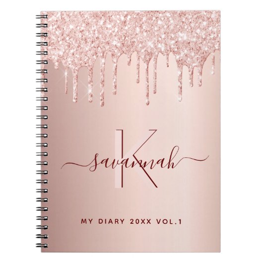 Roos goud glitter roze monogram script dagboek notitieboek (Voorkant)