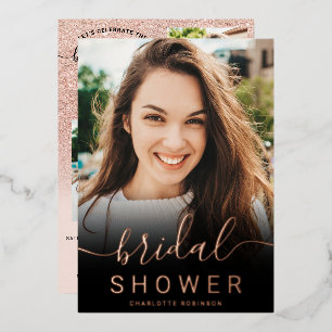 Roos goud glitter roze ombre 5 foto vrijgezellenfe folie uitnodiging