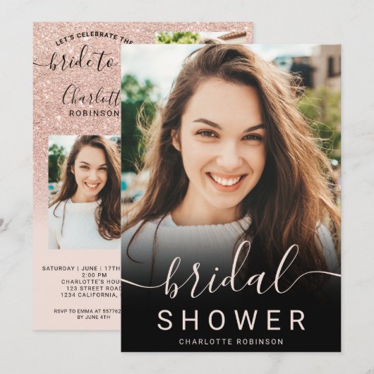 Roos goud glitter roze ombre 5 foto vrijgezellenfe kaart (Voorkant / Achterkant)