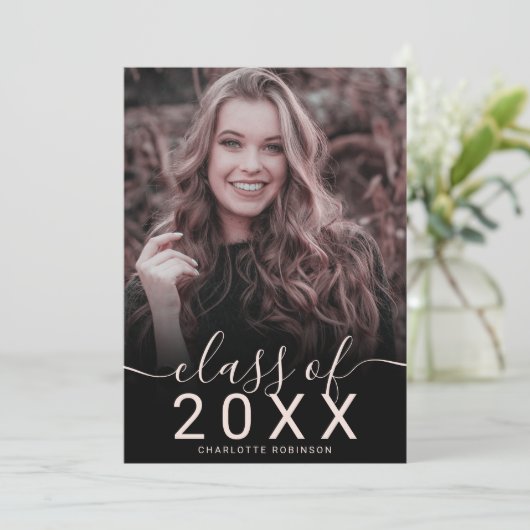 Roos goud glitter roze ombre 5 foto's afstuderen kaart (Staand voorkant)