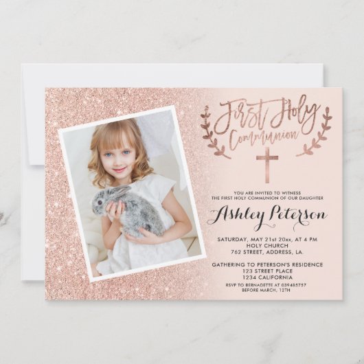 Roos goud glitter roze ombre eerste communiqué fot kaart (Voorkant)