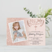 Roos goud glitter roze ombre eerste communiqué fot kaart (Staand voorkant)