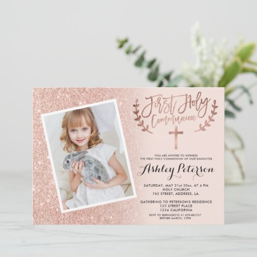 Roos goud glitter roze ombre eerste communiqué fot kaart (Staand voorkant)