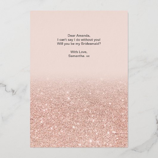 Roos goud glitter roze ombre foto mijn bruidsmeisj folie uitnodiging (Achterkant)