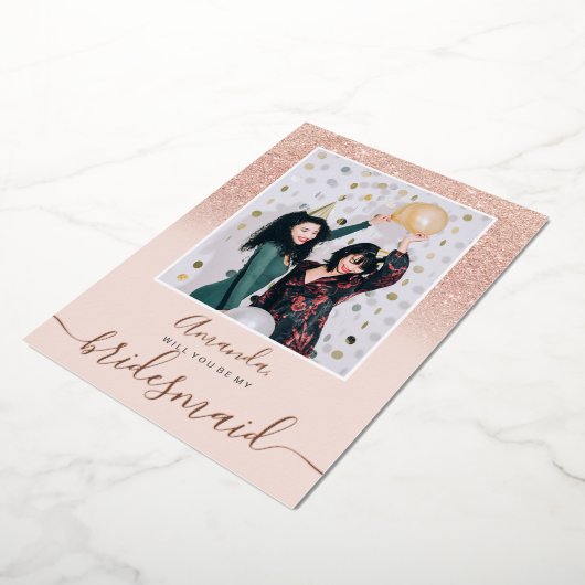 Roos goud glitter roze ombre foto mijn bruidsmeisj folie uitnodiging (Gedraaid)