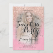 Roos goud glitter roze waterverf foto Sweet 16 Kaart (Voorkant)