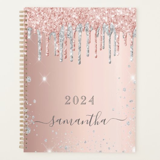 Roos goud glitter roze zilver monogram 2023 planner (Voorkant)