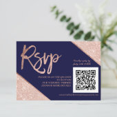 Roos goud glitter script blauw QR code rsvp bruilo (Staand voorkant)