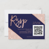 Roos goud glitter script blauw QR code rsvp bruilo Kaartje (Voorkant)