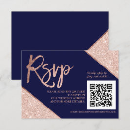 Roos goud glitter script blauw QR code rsvp bruilo Kaartje