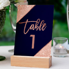 Roos goud glitter script marvy blue table number kaart