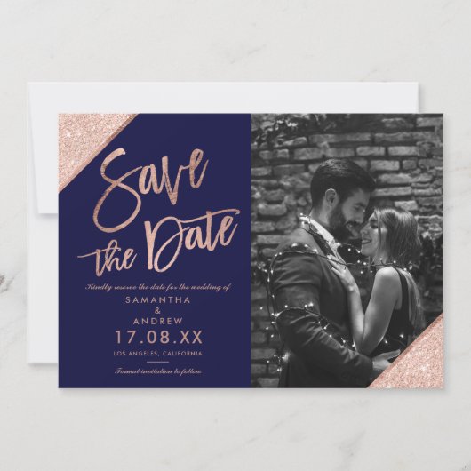 Roos goud glitter script navy blue save the date (Voorkant)