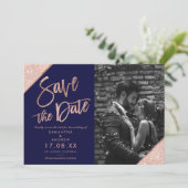 Roos goud glitter script navy blue save the date (Staand voorkant)