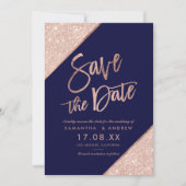 Roos goud glitter script navy blue save the date (Voorkant)