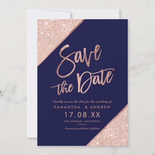 Roos goud glitter script navy blue save the date (Voorkant)