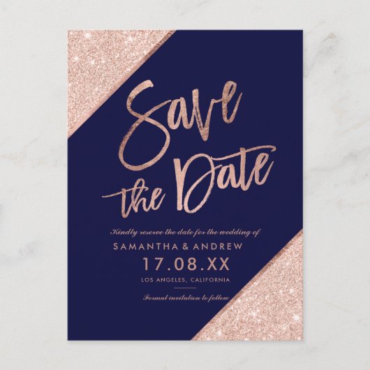 Roos goud glitter script navy blue save the date aankondigingskaart (Voorkant)
