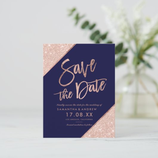Roos goud glitter script navy blue save the date aankondigingskaart (Staand voorkant)
