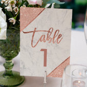 Roos goud glitter script white marble table number kaart