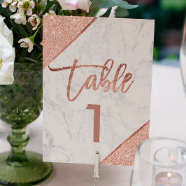Roos goud glitter script white marble table number kaart