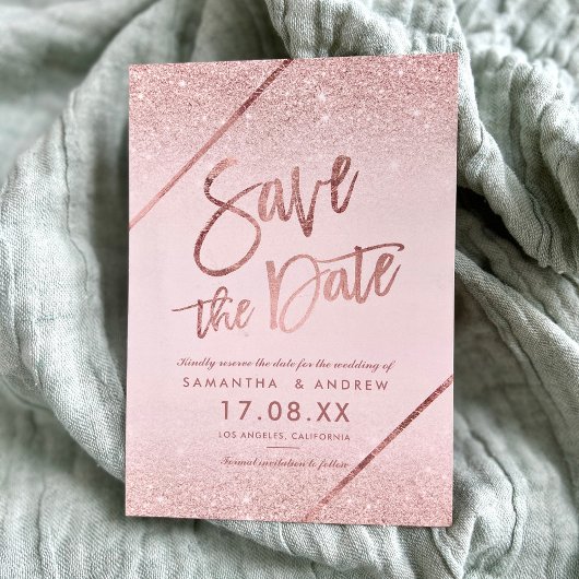 Roos goud glitter script zwart roze, behalve de da save the date