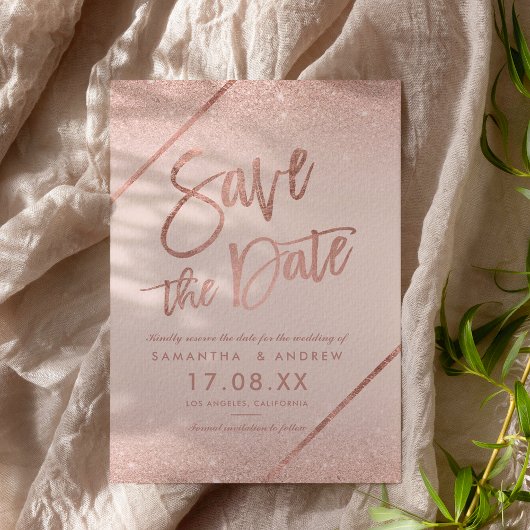 Roos goud glitter script zwart roze, behalve de da save the date