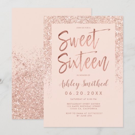 Roos Goud Glitter Sparkle Blush Roze Sweet Sixteen Kaart (Voorkant / Achterkant)