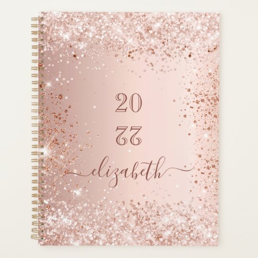 Roos Goud Glitter Stof Roze Monogram Naam 2025 Planner (Voorkant)