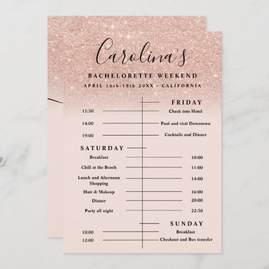 roos goud glitter tijdlijn bachelorette weekend kaart (Voorkant / Achterkant)