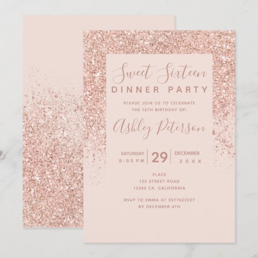 Roos goud glitter typografie zwart roze Sweet 16 Kaart (Voorkant / Achterkant)