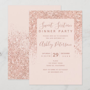 Roos goud glitter typografie zwart roze Sweet 16 Kaart