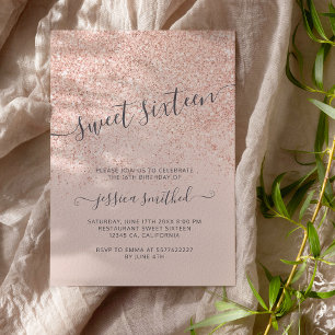 Roos goud glitter typografie zwart roze Sweet 16 Kaart