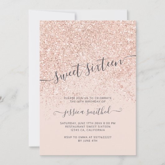 Roos goud glitter typografie zwart roze Sweet 16 Kaart (Voorkant)