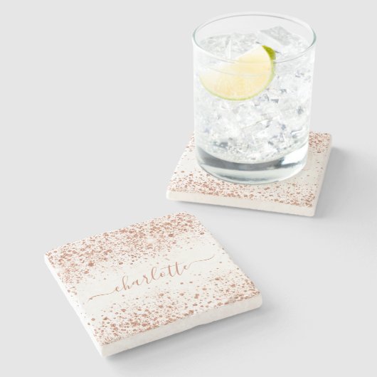 Roos goud glitter white name script stenen onderzetter (Zijkant)