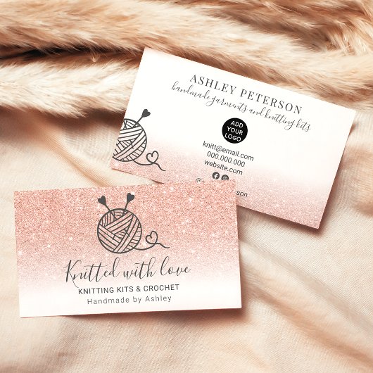 Roos goud glitter wit breien handbediend visitekaartje