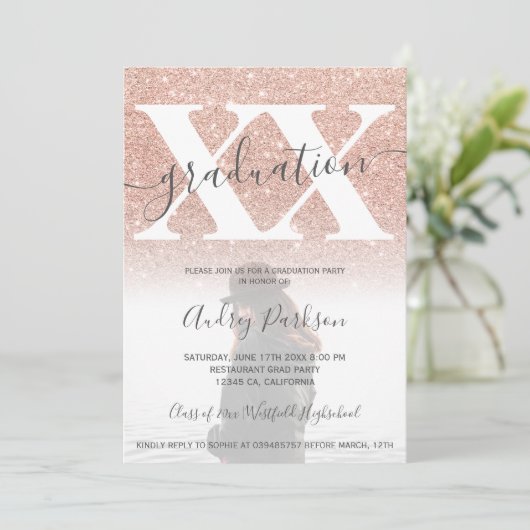 Roos goud glitter zwart roze afstuderen foto kaart (Staand voorkant)