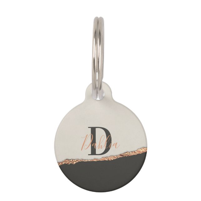 Roos goud glitter zwart roze modern monogram huisdierpenning (Voorkant)