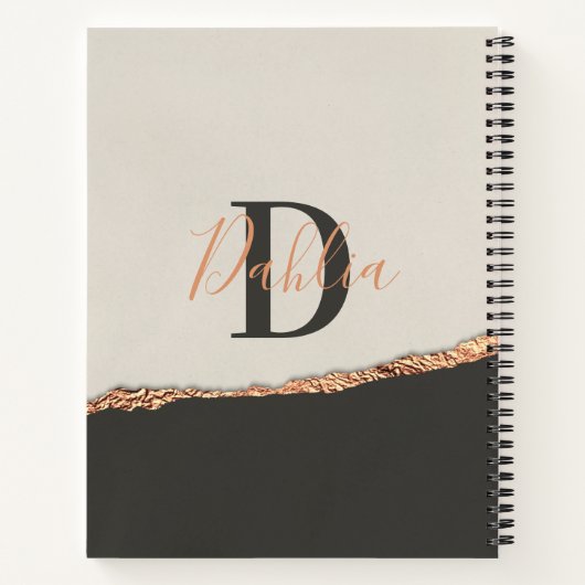 Roos goud glitter zwart roze modern monogram notitieboek (Achterkant)