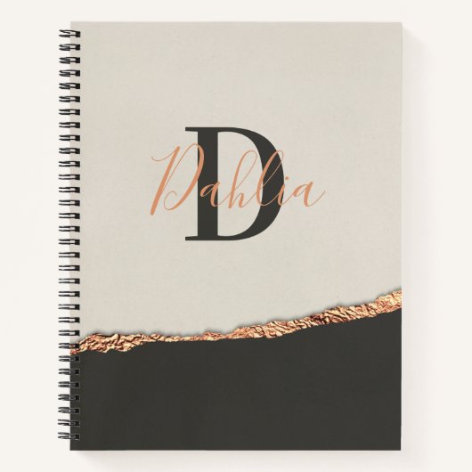 Roos goud glitter zwart roze modern monogram notitieboek (Voorkant)